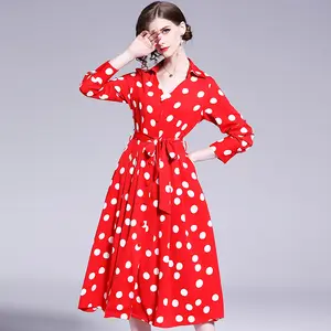 Polka Dot vestido de mujer elegante, vestido Casual de alta calidad con cinturón de moda de fiesta de oficina señorita