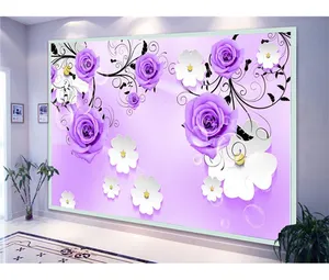 白い小さな花と3D紫のバラの壁画の壁紙