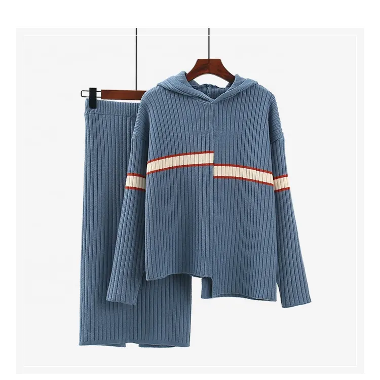 Ensemble tricoté deux pièces pour femmes, décontracté, jupe fendue et ample, à capuche irrégulière, Top côtelé, tenue à capuche