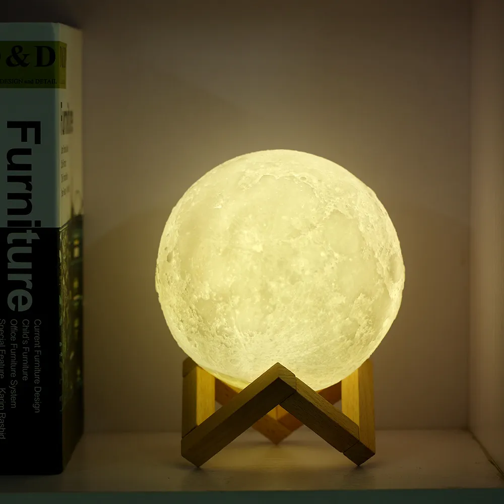 Warm white regulável touch control LED night light 3D impresso luz da lua