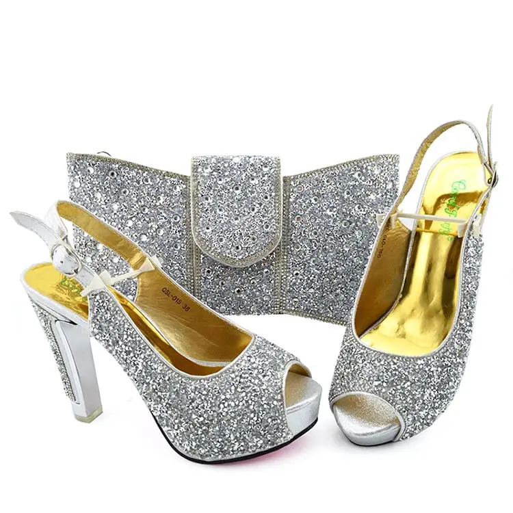 Queency Silver Shoes and Bags To Match Set High Heel Shoes Women Italian African Party