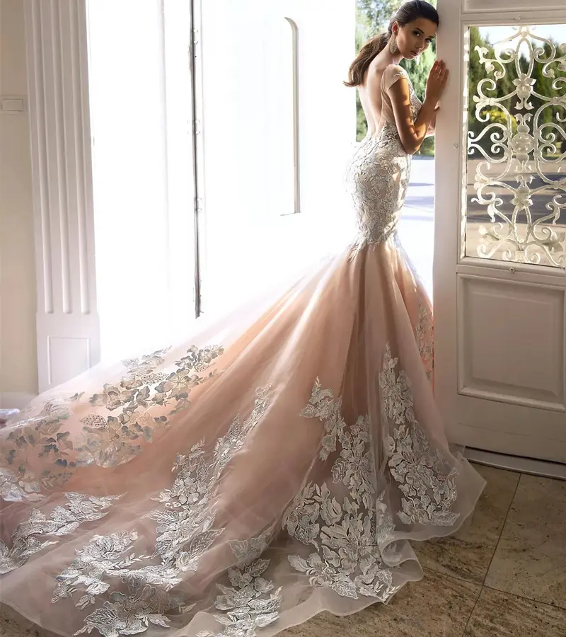 Vestido de novia de sirena con espalda descubierta, bordado Floral, de encaje, Rosa melocotón, novedad