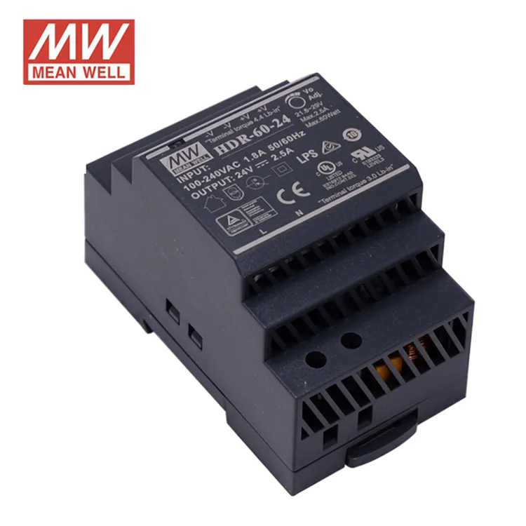 SMPS मूल Meanwell HDR-60-24 60W 24V 2.5A AC-DC अल्ट्रा स्लिम कदम आकार दीन रेल स्विचिंग बिजली की आपूर्ति