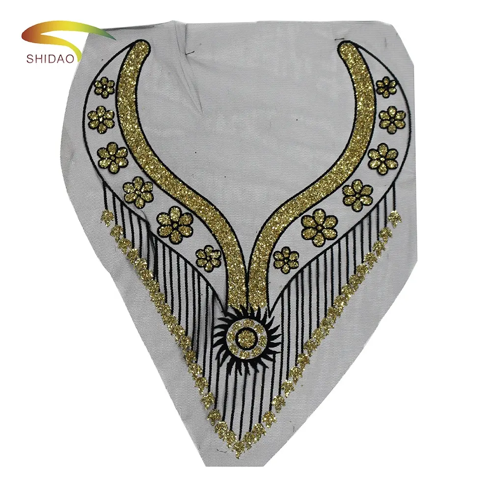 Big Vintage african gold sequin embroidery mesh neck collar fabric patch for garments
