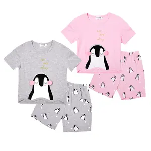 Piyama Glitter Pompom Penguin Anak-anak, Piyama Pakaian Rumah Lembut Pendek untuk Anak Perempuan 2-10 Tahun