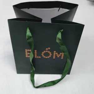Роскошный большой зеленый подарочный бумажный пакет с логотипом и ленточной ручкой