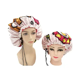 2024 Design imprimé personnalisé Extra Large Xl taille étiquette privée Nylon Satin Fabricant doublé Jumbo jaune blanc Turban bonnet de <span class=keywords><strong>douche</strong></span> - Product Image 1