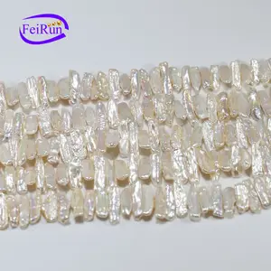 FEIRUN Freshwater Pearl White Color Wholesale Size 7-9mm width biwa natural pearl bead string strand