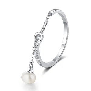 925 Silver Sterling Jewelry Adjustable Pearl Pendant Silver Plate Rings For Women