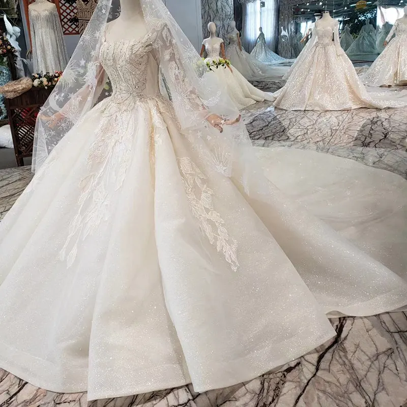 HTL331 long dresses women wedding dress applique long sleeves with veil wedding dress 2019