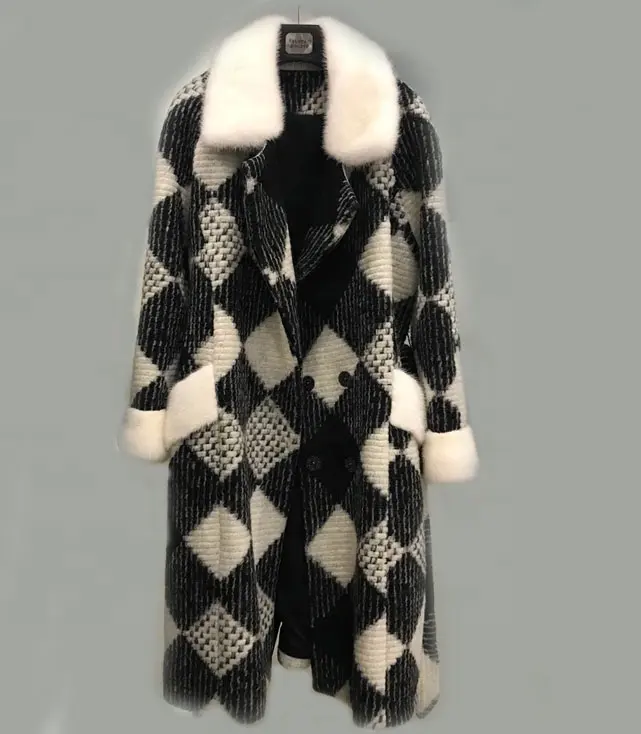 Abrigo de lana de estilo europeo, ropa de invierno, chaqueta de cuadros de lana mezclada con cuello de piel de visón real