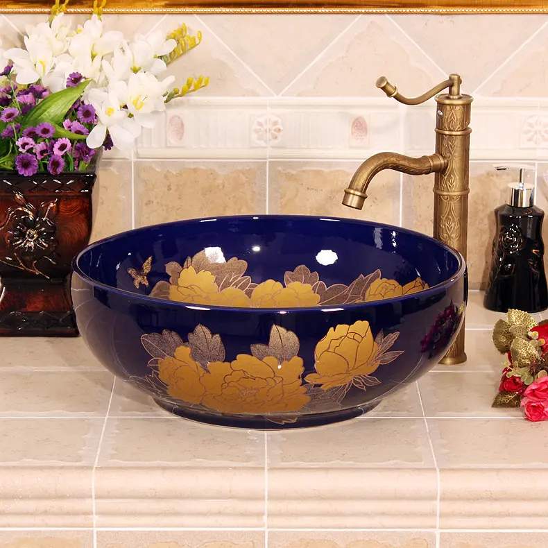 China Artistic Handmade Art wash basin Ceramic Counter Top Wash Basin Bathroom Sinks table top blue with gold pattern wash basin