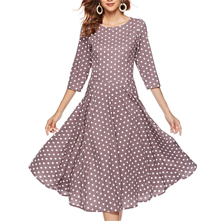 Vintage Polka Dot Three-point Sleeve Dress Hepburn Style Elegant A-line Dress In Stock