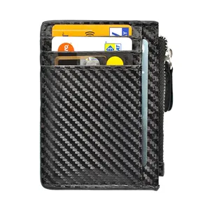 पु कार्बन चमड़ा क्रेडिट कार्ड धारक छोटे RRID अवरुद्ध Minimalist पुरुषों का बटुआ ज़िप जेब के साथ
