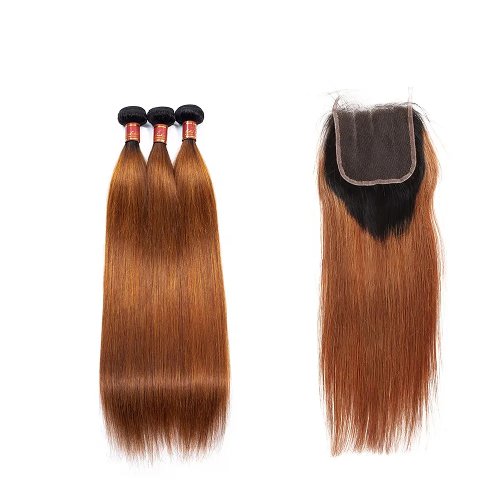 Malaysian Silk Straight Wave 100% Grade 9A Virgin Human Hair T1b/30 Color Bundles With Lace Front Closure