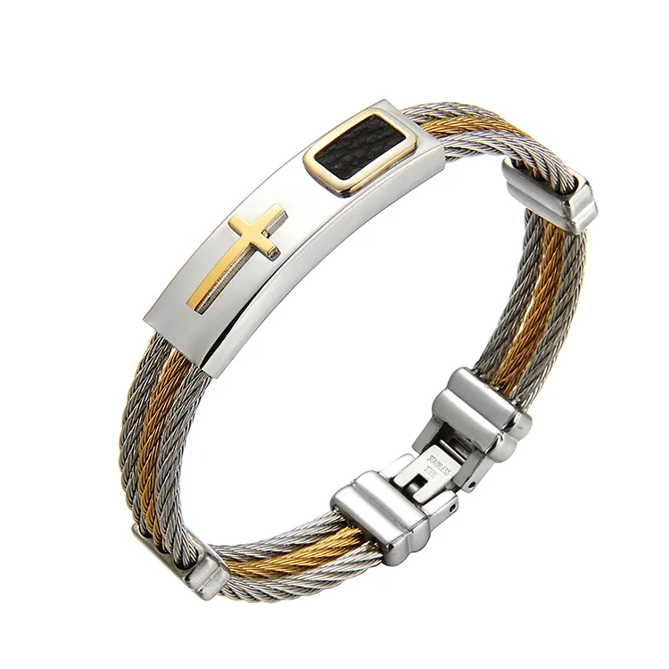 Religion Bangle Accessories Genuine Leather Gold Ip Plating 316L Stainless Steel Cross Viking Jewelry Bracelet