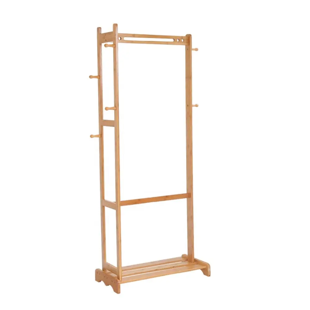 Bamboo Clothing Rack Bamboo Clothes Laundry Rack with 6 Side Hooks Lower Shoe Shelf