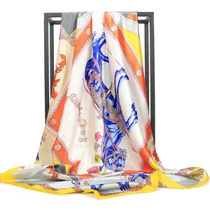 Carriage chain printing ladies silk scarf gift 90*90cm satin polyester silk tudung satin scarf stock