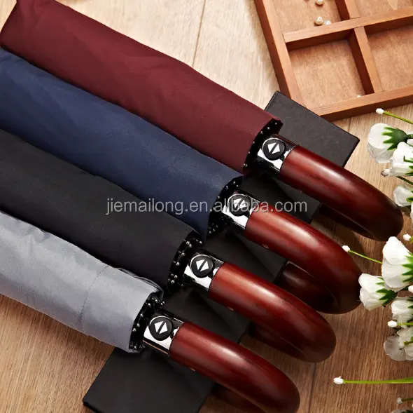 Parapluie à 3 plis, ouverture et fermeture automatique, de luxe, haute qualité, avec manche en bois en forme de J, revêtement noir, anti-UV, UPF50 +, entièrement automatique