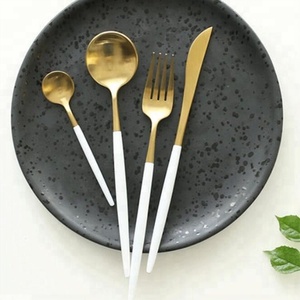 Grace Elegant Wedding Gold Plated with <strong>White</strong> Handle Hotel Party Wedding <strong>Dinner</strong> Cutlery <strong>Set</strong> - Product Image 2