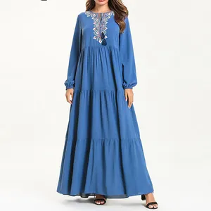 MOQ basso di modo blu a manica lunga del ricamo del collo ruffle maxi vestito da musulmano