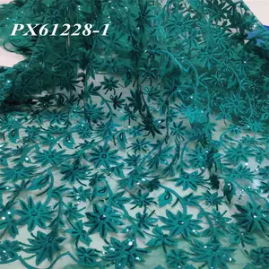 Großhandel dark green sequin stoff-Nigeria heißer Verkauf Die neuesten dunkelgrünen Pailletten Netz Spitze Pailletten bestickte Blumen kleid Kleid Stoff 5 Meter Stoffe