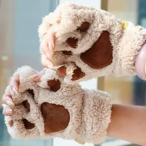 Hot Lovely Women Cat Claw Paw Mitten Plush Glove Costume Cute Winter Warm Half Finger Gloves Women Female Gloves Mitten