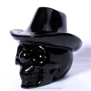 Natural Crystal Skulls Crafts Healing Carved Black Obsidian Crystal Hat Skulls Carving