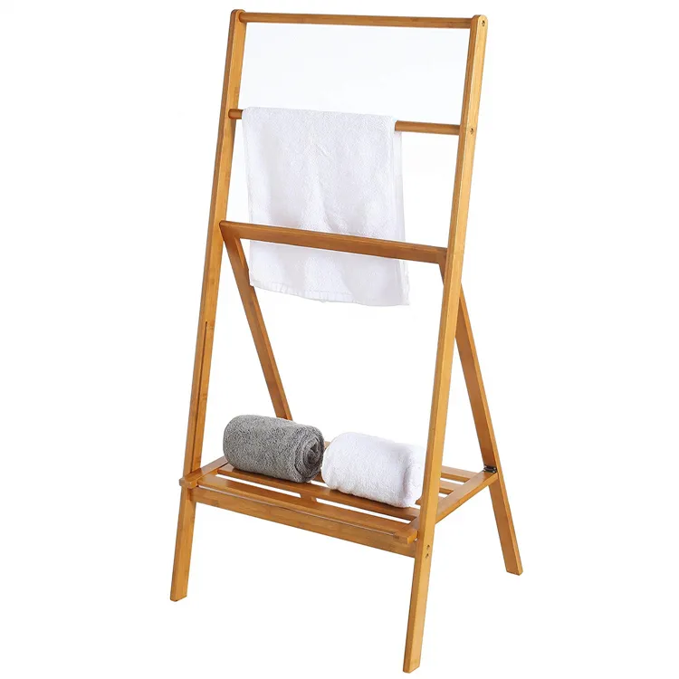 Wooden Towel Rack , Folding, Standing Towel Shelf for Bathroom
