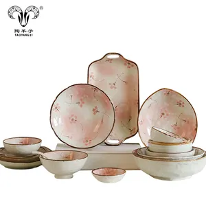 Irregular shape ceramic Snowflake glaze dinnerware sets with Pink