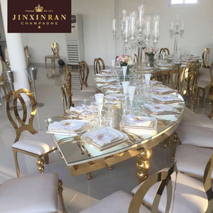 Moderner Luxus-Glastisch für Hochzeiten mit Goldenem Edelstahlrahmen, Geschwungener Bankett-Tisch in S-Form für Veranstaltungen - Product Image 1