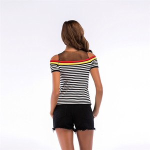 Usine Conception D'été Casual Mesh Spliced Off Épaule Manches Courtes En Tricot Chemise Noir Et <span class=keywords><strong>Blanc</strong></span> Bande Tops Femmes - Product Image 4