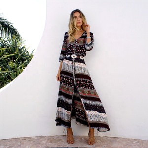 All'ingrosso taglie forti Boho vestito donna <span class=keywords><strong>elegante</strong></span> Maxi Casual da spiaggia in <span class=keywords><strong>cotone</strong></span> con bottone sole estate autunno abiti per le donne - Product Image 5