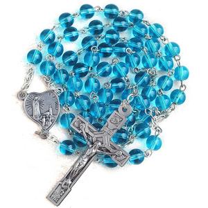 6 millimetri di <span class=keywords><strong>Luce</strong></span> Blu Rotonda Perle di Vetro <span class=keywords><strong>Rosario</strong></span> Cattolico con Fatima Medaglia - Product Image 1