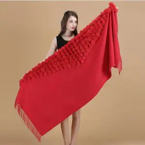 High Quality Wholesale Fashion China Rabbit Trimmed Cashmere Shawls With Furry Fur Pompom For Women