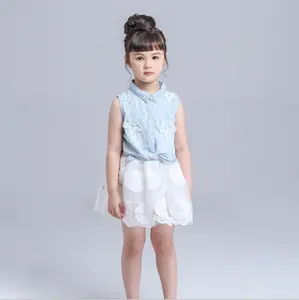 2019 New Children's 착용 Girls '카우보이 blouse + White 폰 skirt 패션 여름 Girls' skirt 한 벌