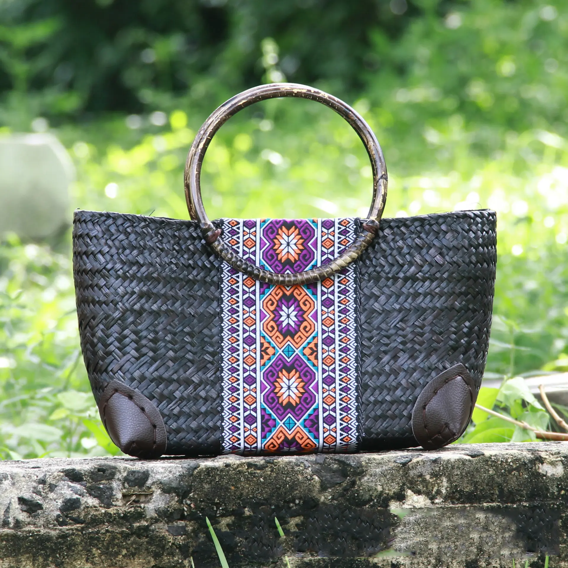 Manufacture Thailand straw bag ethnic rattan tote handbag