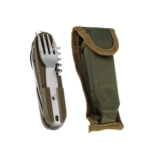 Verde militar plegable portátil de acero inoxidable para acampar, Picnic, cubiertos, cuchillo, tenedor, cuchara, abrebotellas, cubiertos, vajilla, Kit de viaje