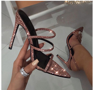 Taglie forti eleganti <span class=keywords><strong>scarpe</strong></span> da <span class=keywords><strong>donna</strong></span> rosa <span class=keywords><strong>Glitter</strong></span> punta a punta Bling sandali con cinturino tacco sottile tacchi alti da <span class=keywords><strong>donna</strong></span> - Product Image 6