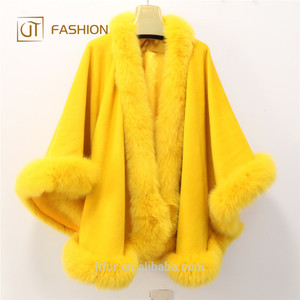 Wholesale Fashion Winter <strong>Women</strong> Real Fox Fur Coat Trimmed Plush Collar Custom <strong>Women</strong> Wool Cape <strong>Cloak</strong> - Product Image 6