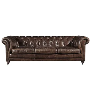 거실 클럽에 있는 핫 세일 최고 곡물 가죽 Chesterfield 3 Seater 소파 사용