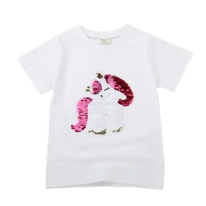 Beliebte Flip Pailletten Einhörner Shirt für Kinder Kurzarm Sommer Tops Kleidung für Mädchen