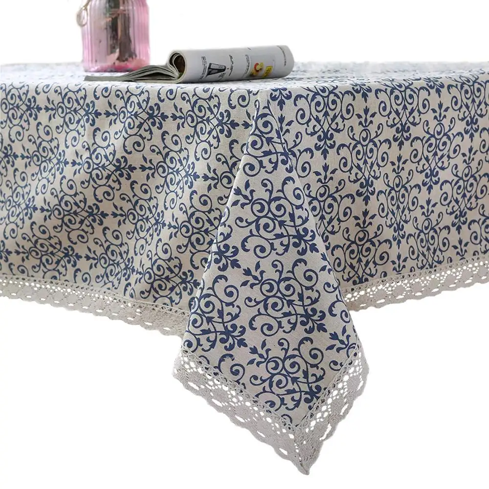 Vintage Square Table Cloth Indoor Outdoor Navy Blue Decorative Macrame Lace Tablecloth