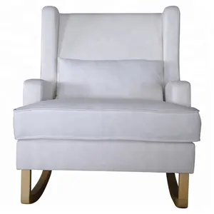 Nuevo diseño de estilo francés antiguo de madera de roble sólido de lino blanco tapicería ala vuelta silla mecedora