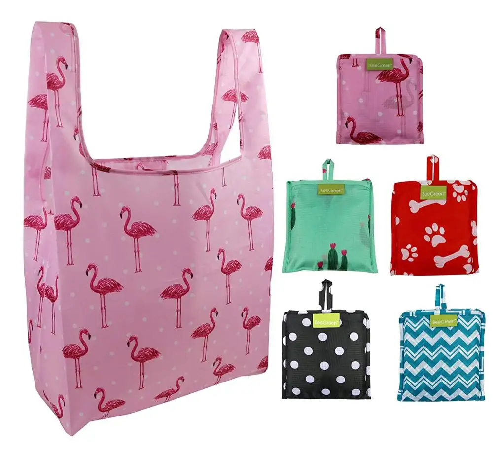 Foldable Reusable Grocery Bags Bulk Cute Designs Folding Shopping Tote Bag Fits in Pocket Eco Friendly Ripstop Nylon Waterproof