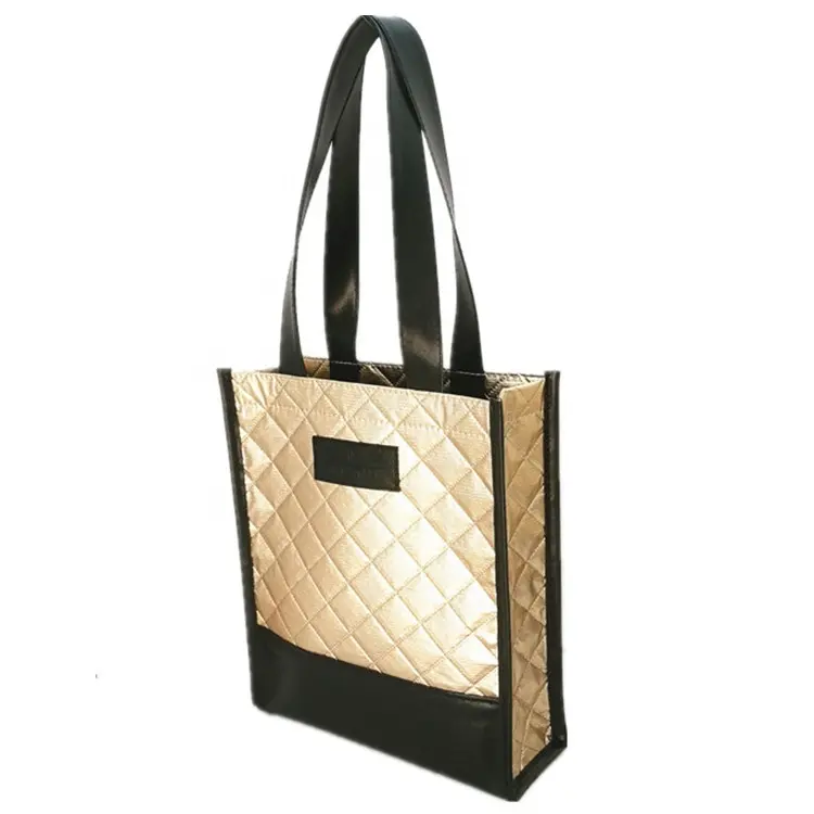 Fashion new design quilting laser splicing with pu golden metallic laminated non woven bag
