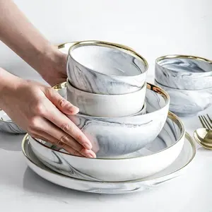 Factory direct sell round marble ceramic serving bowls set with gold rim