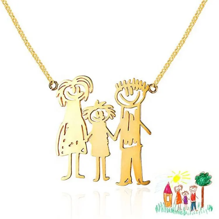 Collar con dibujo de oro o oro rosa DIY para niños, joyería familiar de acero inoxidable, collares con ilustraciones para parejas