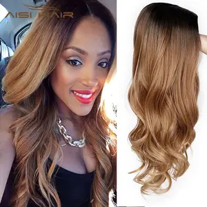 Aisi Hair Ombre Brown Synthetische lange gewellte Perücken Mittelteil Dunkle Wurzeln Körper gewellte Perücken für schwarze Frauen