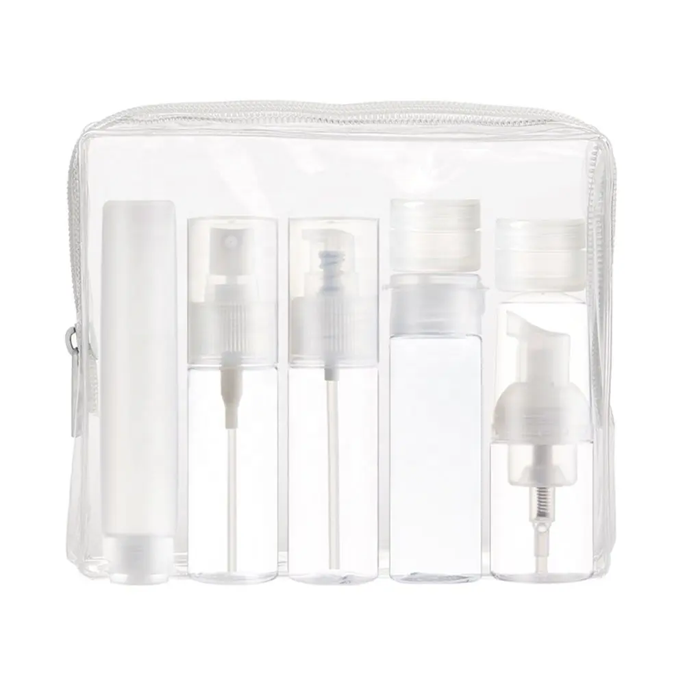 漏れ防止トラベルボトルは、化粧品化粧用の液体容器を設定しますラベルとバッグ付きのプラスチック製トラベルサイズボトル